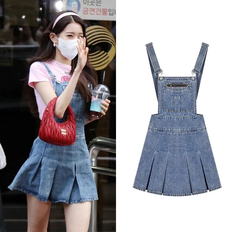 IVE Jang Won Young Chân Váy Yếm Denim Màu Xanh Dương Xếp Ly Có Size S-4XL Phong Cách Retro Dành Cho Nữ