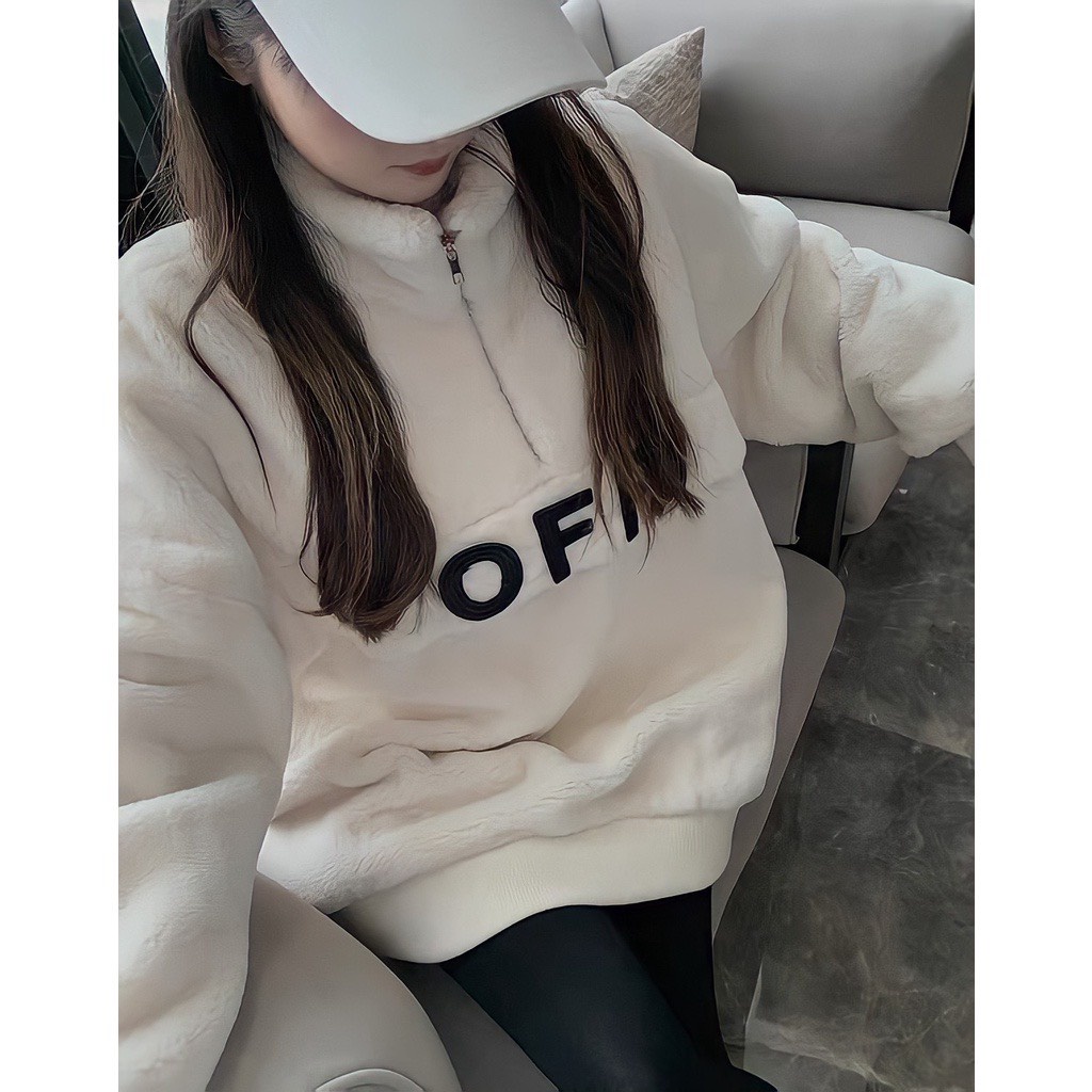 Áo khoác lông màu trắng thiết kế họa tiết chữ OFF KUDOSHOP Áo khoác ngoài form rộng unisex dễ phối đồ