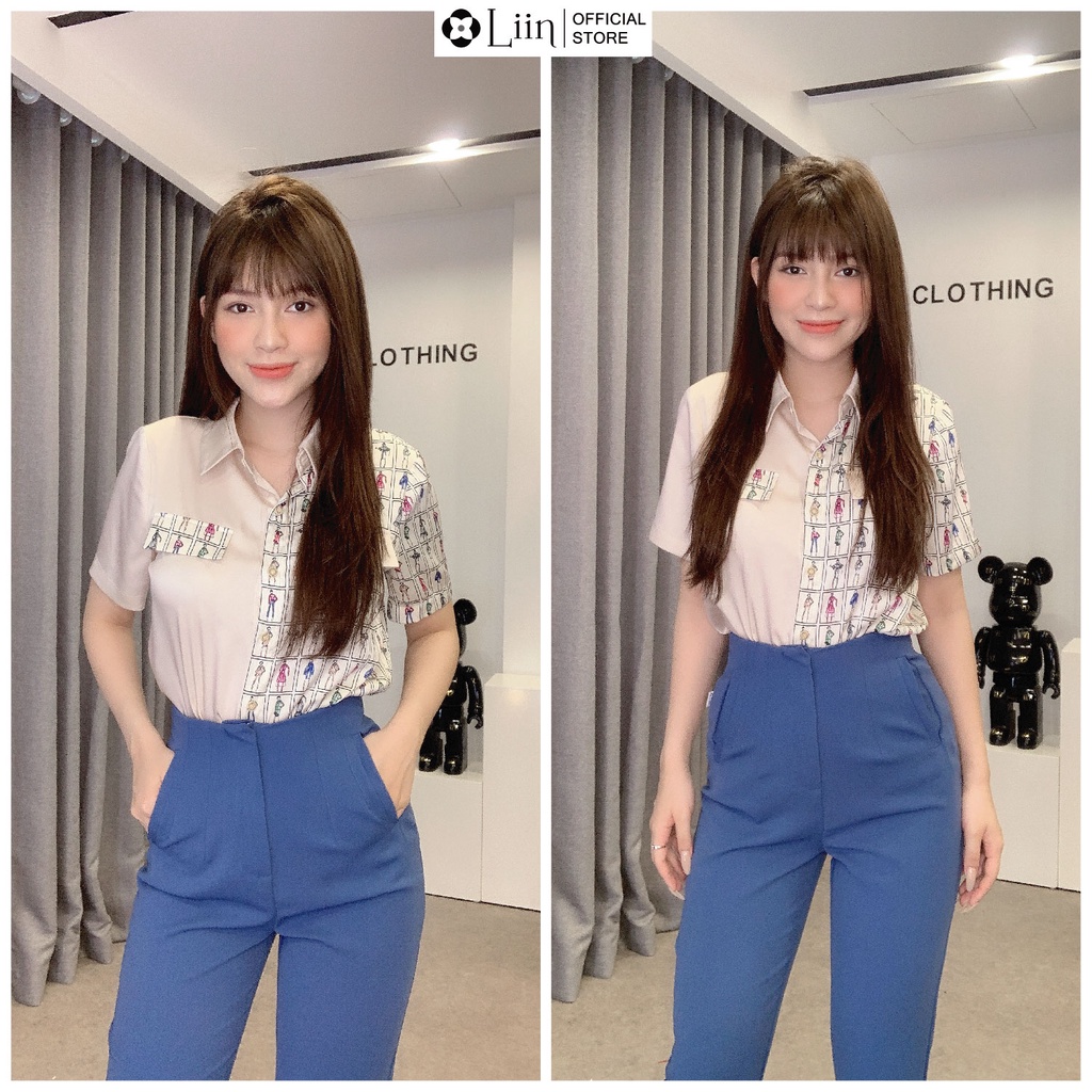 Áo sơ mi cộc tay cổ đức màu be pattern họa tiết trẻ trung mùa hè cá tính Liin Clothing SM4440
