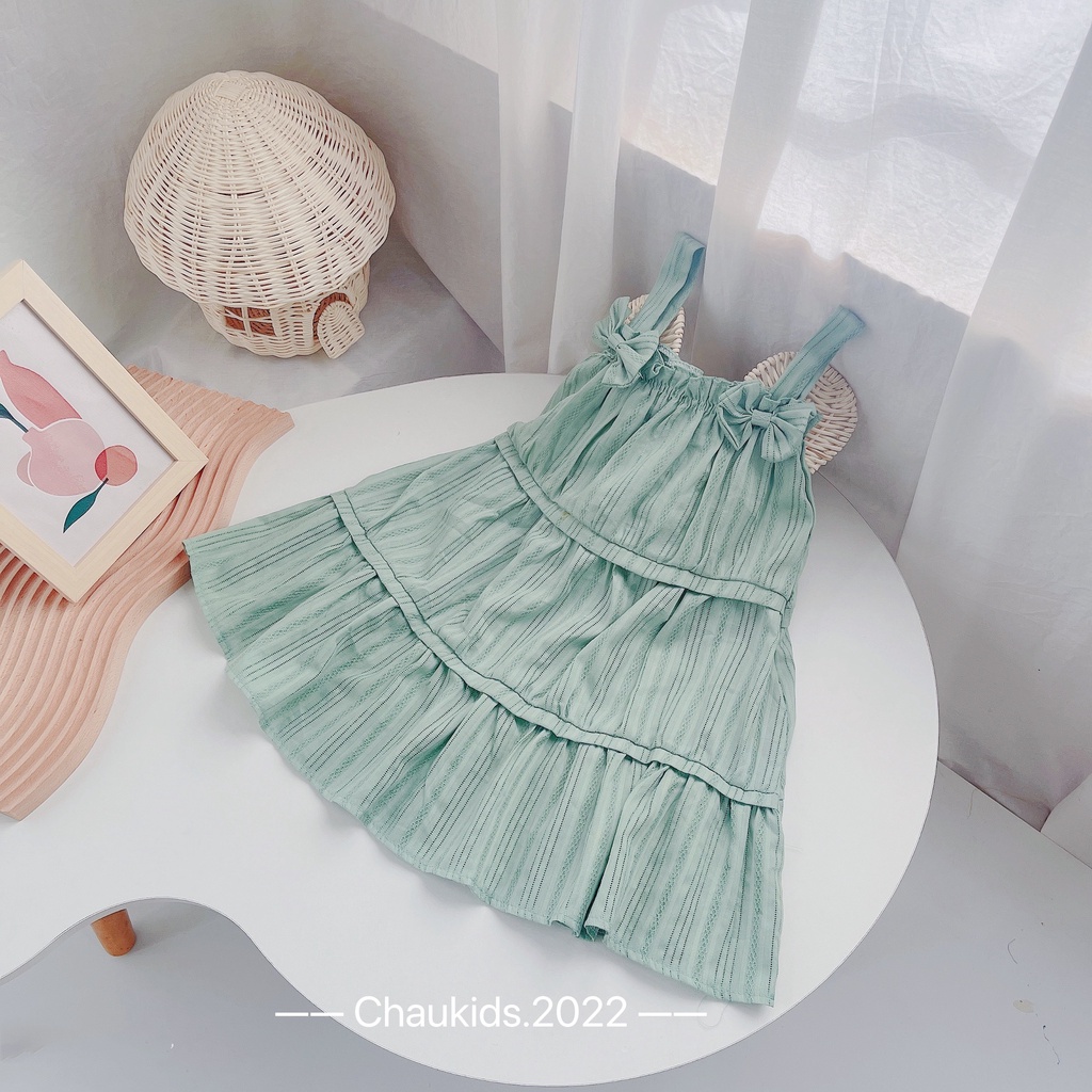 Váy babydoll dáng xòe 3 tầng cho bé gái, váy 2 dây nơ 2 bên chất thô giả 3 tầng cho bé