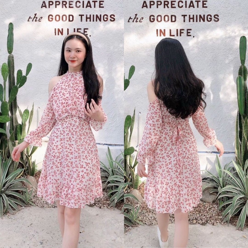 Đầm hoa nhí hồng trắng khoét vai, Đầm hoa cổ yếm Cao Cấp tay dài dáng xòe xếp tầng đi chơi dự tiệc - MiNhi
