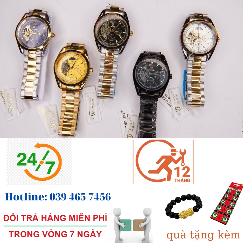 Đồng Hồ Nam Cơ Dây Kim Loại Cao Cấp Tevise , Lộ Máy, Hiển Thị Ngày Và Đêm, Chống Nước, Chống Xước