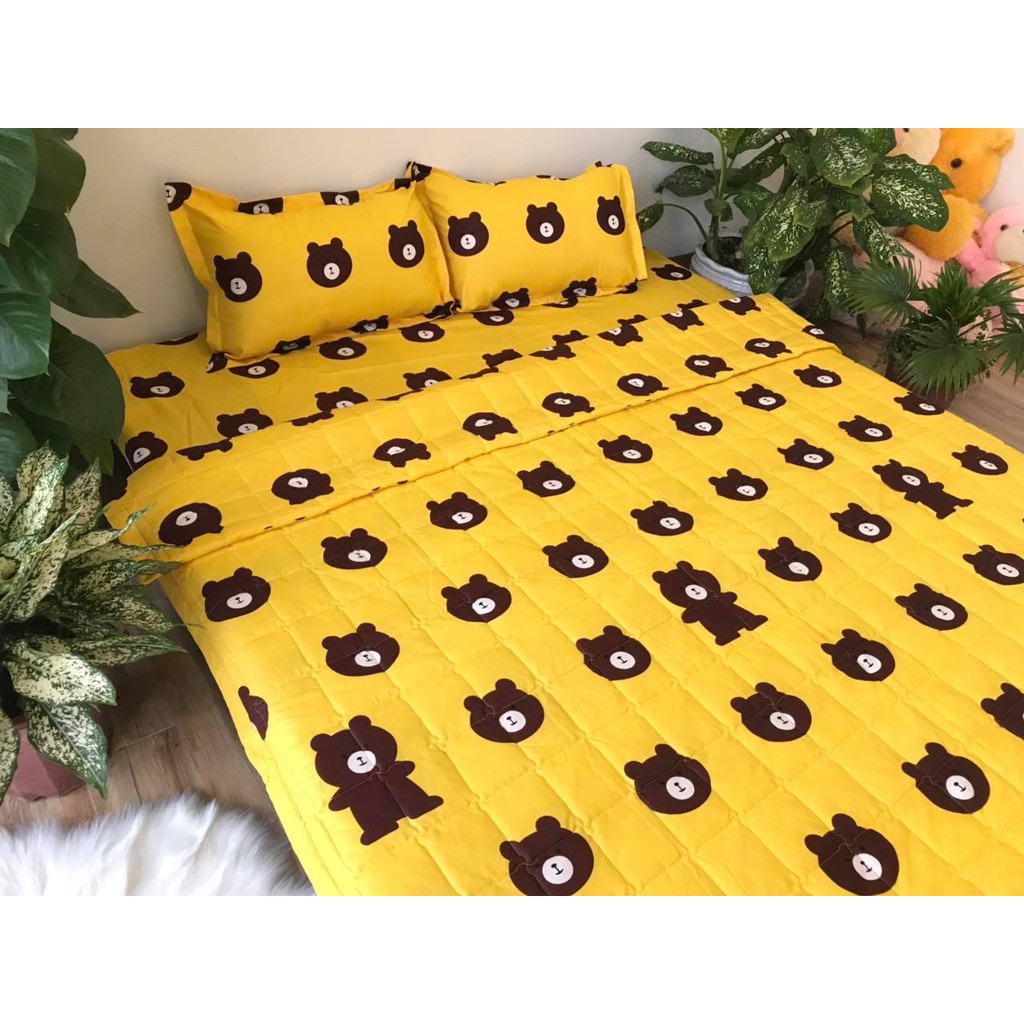 Bộ ga chun và 2 áo gối nằm Emmidecor - mẫu Gấu vàng, drap cotton poly