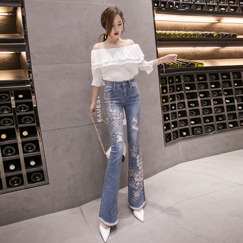 Quần Jeans Skinny Lưng Cao Ống Loe Đính Hạt Thêu Họa Tiết Thời Trang Dành Cho Nữ