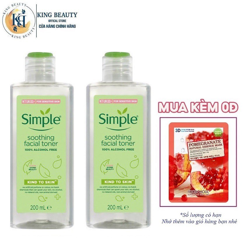 Combo 2 Chai Nước Hoa Hồng Se Khít Lỗ Chân Lông, Cấp Ẩm, Làm Dịu Da Simple Kind To Skin Soothing Facial Toner 200ml x 2