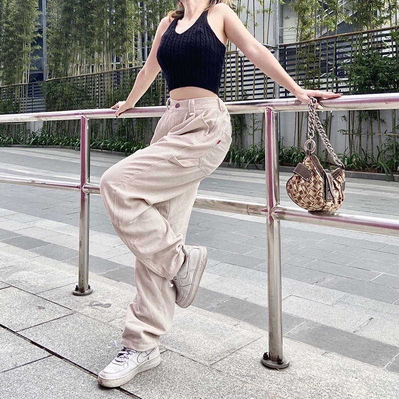 Quần dài nhung tăm unisex Oversize Corduroy Pants FRANKEE - Be Trắng - Local Brand Chính Hãng