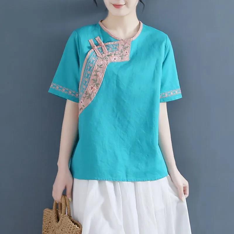 Áo Cotton Lanh Cổ Tròn Tay Ngắn Dáng Rộng Thêu Họa Tiết Phong Cách Dân Tộc Thời Trang Mùa Hè Mới