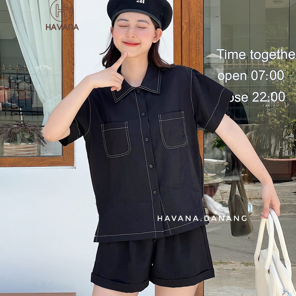 Set sơ mi viền chỉ nổi, sơ mi ngắn tay kèm short đen chất vải đũi, short bo chun co giãn