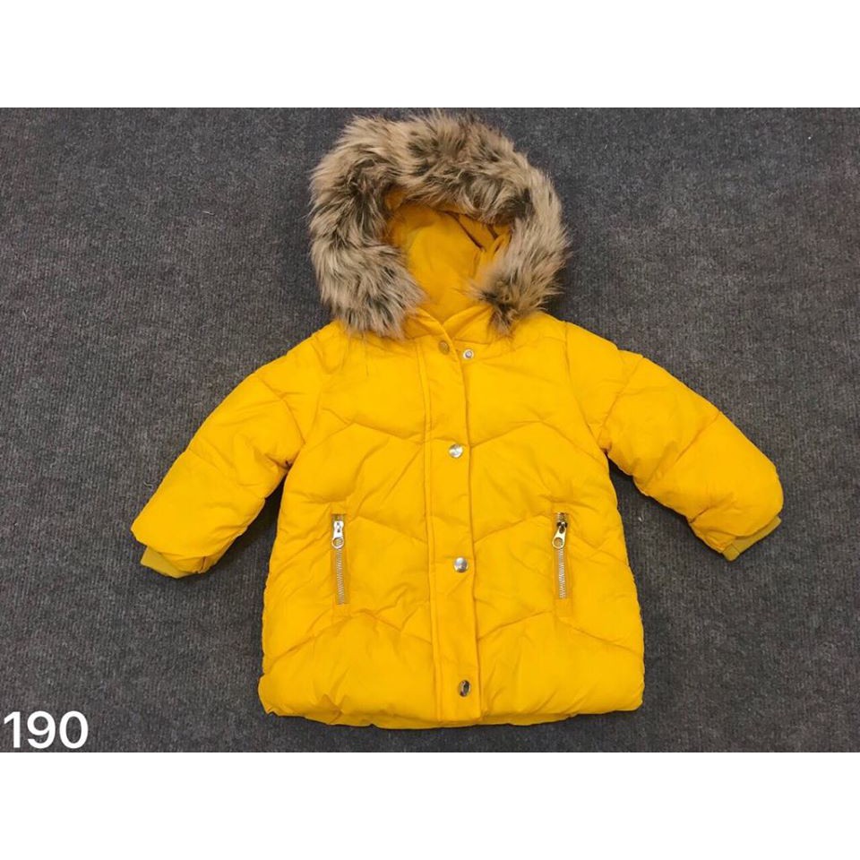 Áo khoác phao parka zara mũ lông bé trai, bé gái 3 màu vàng, đỏ, than