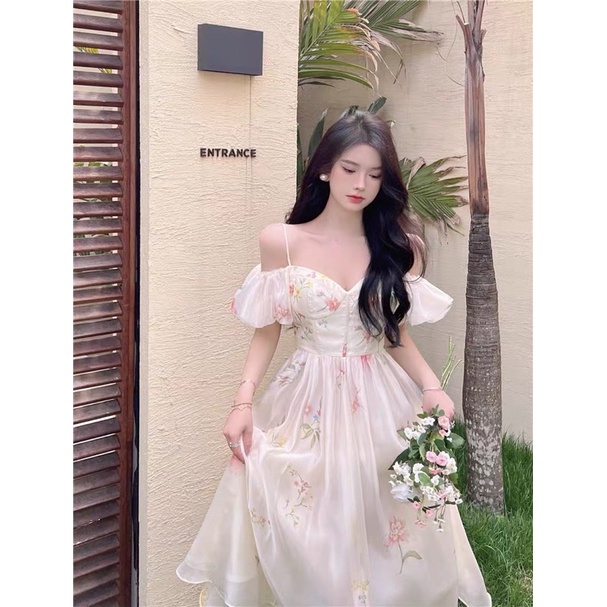 ĐẦM MAXI HOA CÚP NGỰC 2 DÂY RỚT VAI PHỒNG