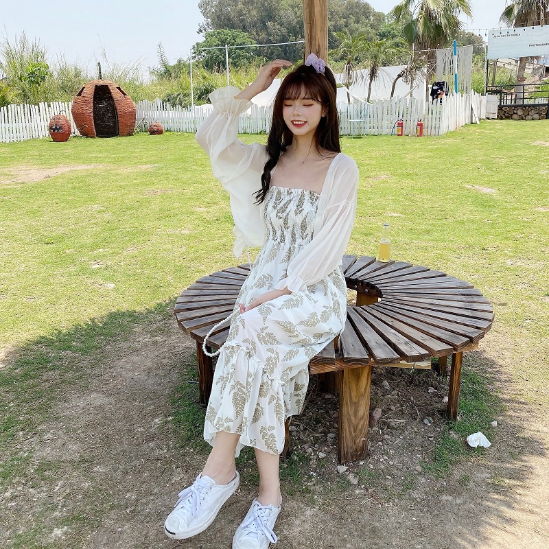 IELGY Bộ Áo chiffon + Đầm Hai Dây Dáng Ngắn Thời Trang Cho Nữ