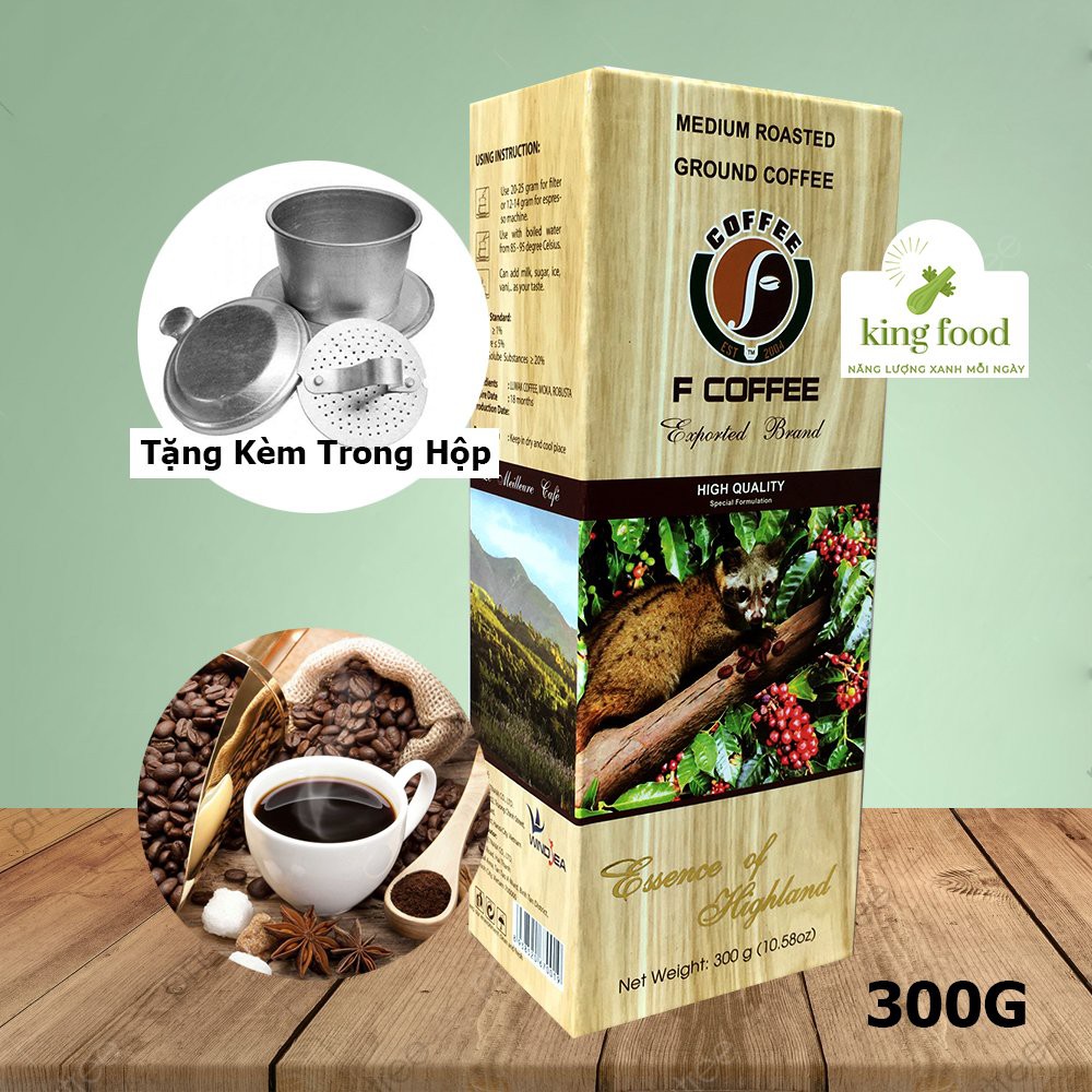 Cà Phê Nguyên Chất Rang Xay F Coffee - Cà Phê Chồn, Moka, Robusta - Hộp Giấy Cao Cấp 300g + Tặng phin pha chất lượng cao