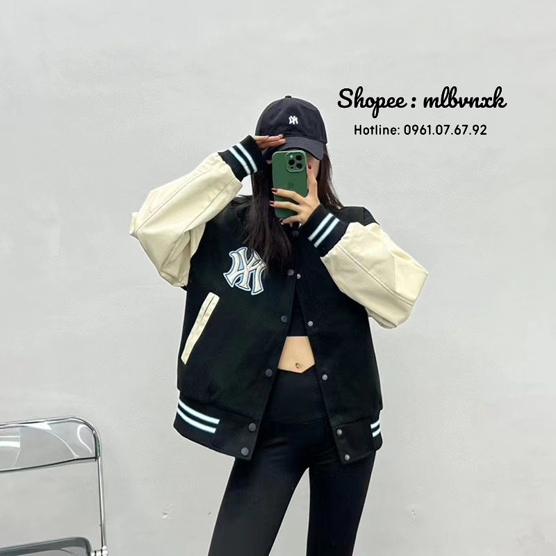 ẢNH THẬT / TQXK - Áo Bomber Kẻ 2 Sọc Xanh Đen MLB Monogram NY Yakees - ÁO THUN NAM NỮ HÀNG XUẤT DƯ FULLTAG