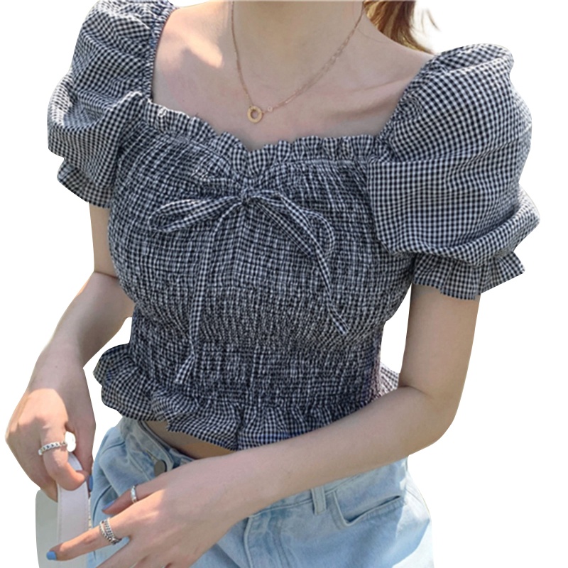 Áo Croptop Tay Phồng Ngắn Cổ Vuông Thắt Nơ Họa Tiết Sọc Caro Thời Trang Cho Nữ