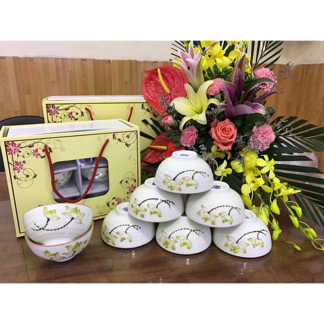 Bộ 6 bát cơm phong cách hiện đại gốm Bát Tràng (kèm hộp đựng làm quà biếu tặng)