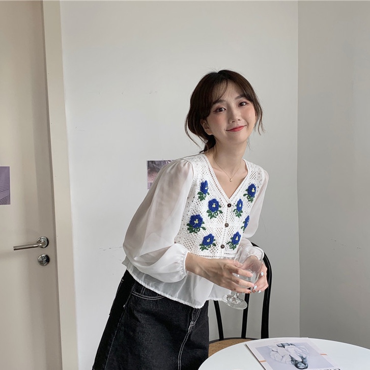 SUXI Áo Sơ Mi Tay Dài Cổ Chữ V In Họa Tiết Hoa Phong Cách Vintage Hàn Quốc