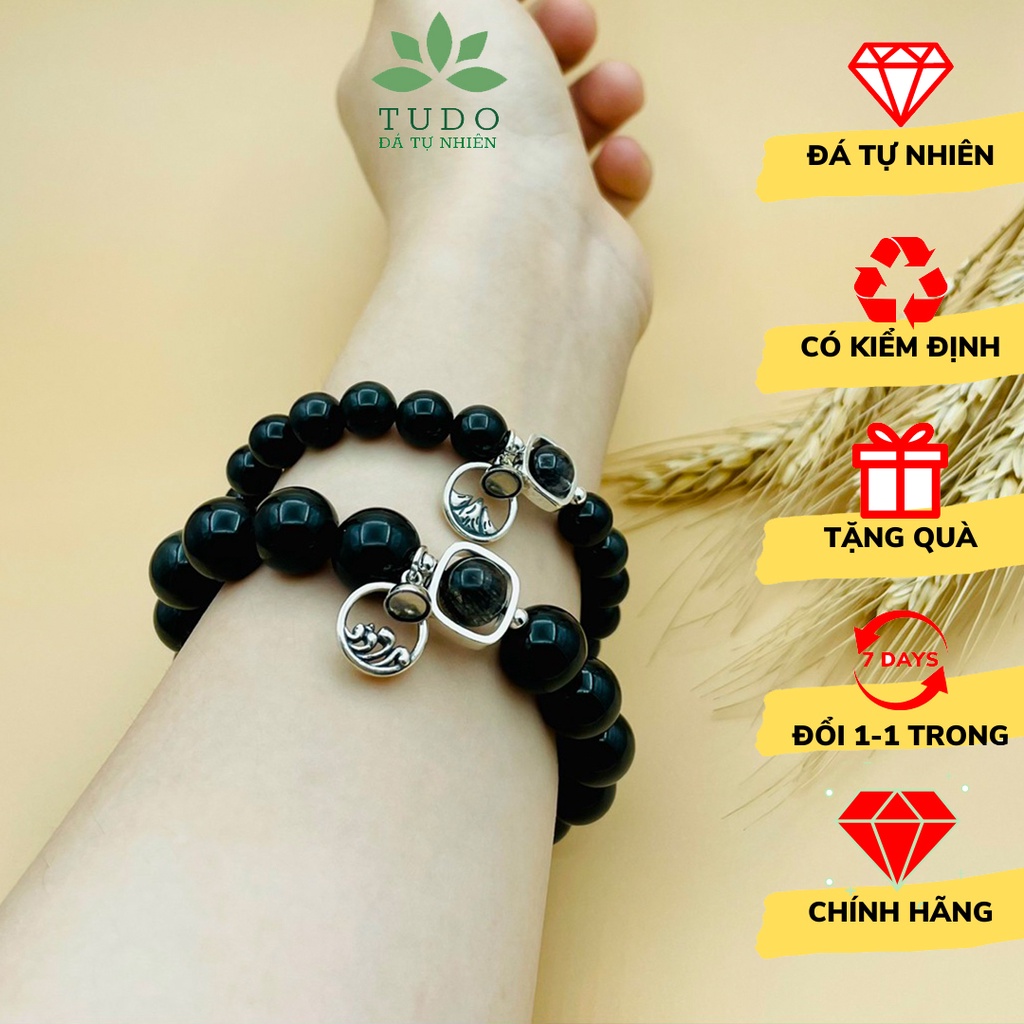 Vòng Tay Nam Nữ mã não đen, Tóc Đen mix biển, núi bạc 925 - Vòng đôi unisex có nam châm hút nhau TUDO