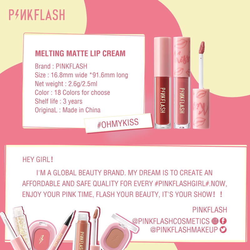 Son môi Pinkflash dạng lỏng lâu trôi chống thấm nước 18 màu sắc tùy chọn