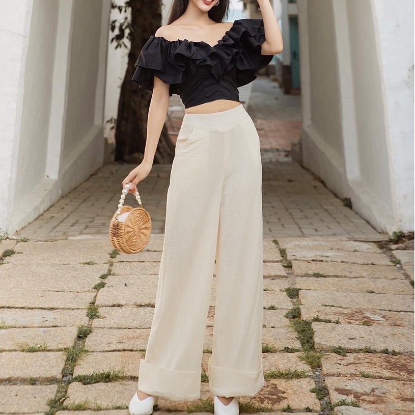 Áo croptop bèo nhiều tầng màu đen, hai cách mặc (xem ảnh)