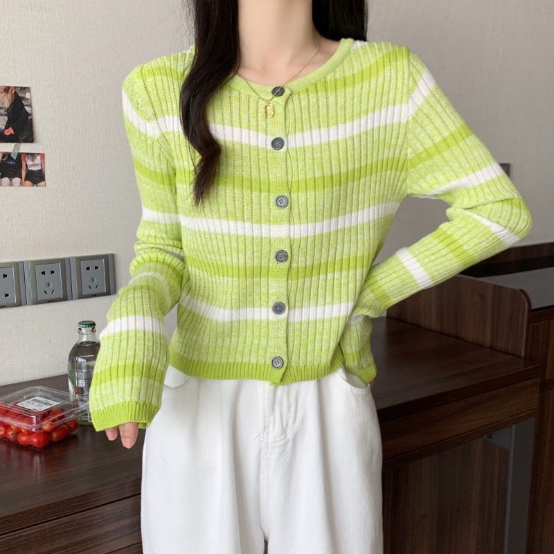 ZHELIHANGFEI Áo Cardigan Dệt Kim Tay Dài Lưng Cao Kẻ Sọc Dễ Phối Đồ