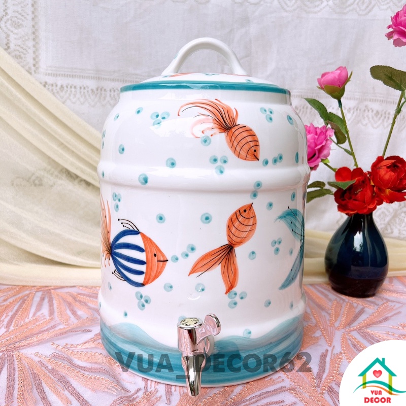 Bộ Bình đựng nước Gốm Sứ Bát Tràng có vòi, bình gốm 9 lit Hình Cá Xanh Decor Cực Xinh
