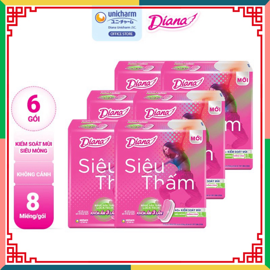 Combo 6 Gói Băng lau chùi và vệ sinh Diana Siêu thấm Siêu mỏng không cánh (Gói 8 Miếng) ( Đại lý Ngọc Toản)