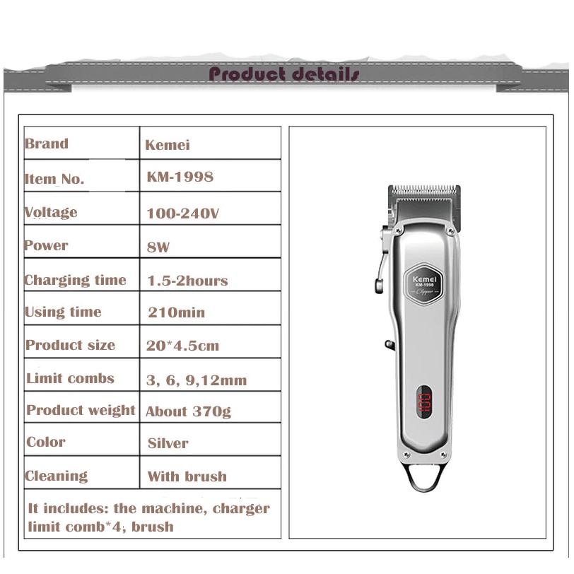 Tông Đơ Cắt Tóc Chuyên Nghiệp Kemei KM-1998 Thân Nhôm Nguyên Khối - Pin Lithium Cao Cấp - Hàng Đập Hộp