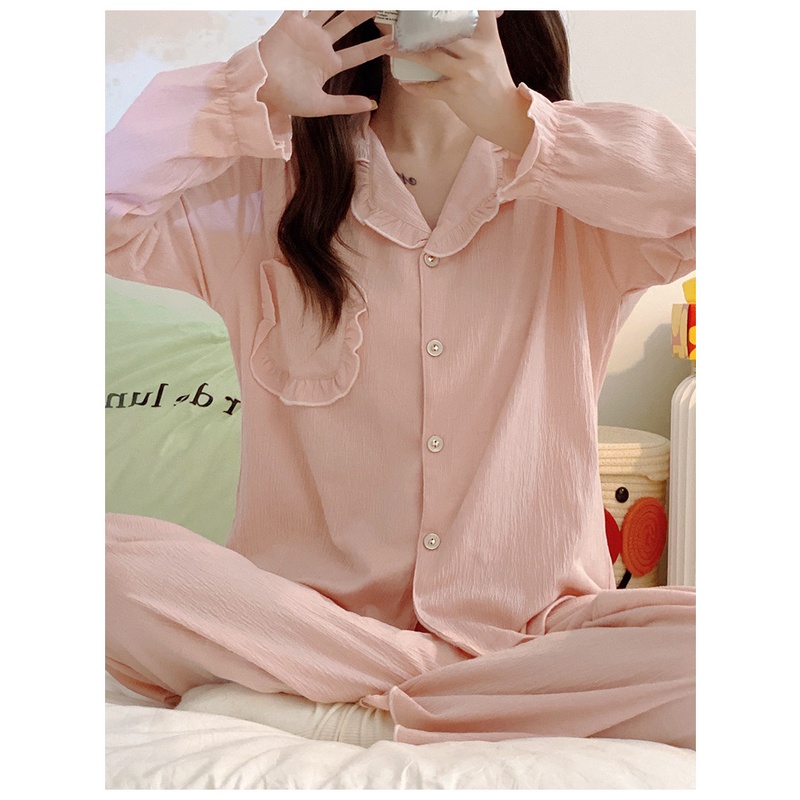 Đồ ngủ nữ pijama mặc nhà cao cấp áo dài quần dài chất vải thô hàn mềm mại  La108