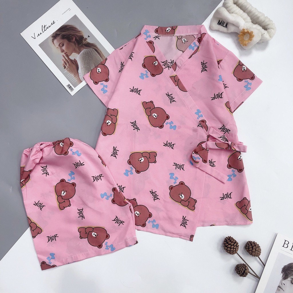 Set bộ đùi Bộ kimono cộc tay nhiều họa tiết nữ set đồ ngủ pijama quần short kèm áo thun ngắn buộc dây kate Ailee