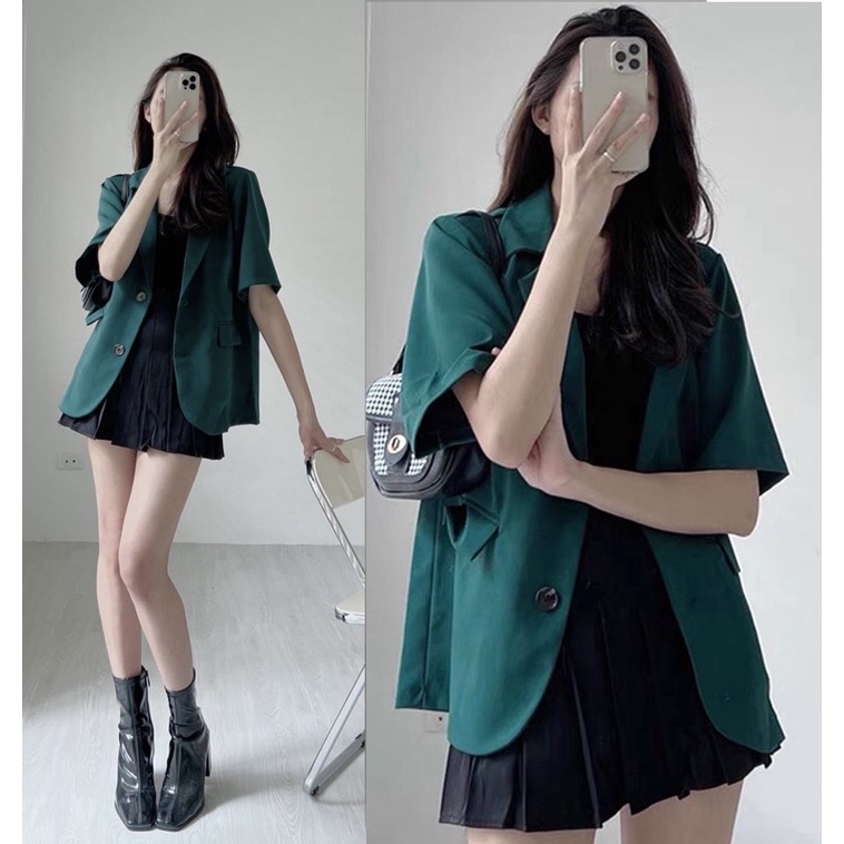 Áo Vest blazer xanh cộc tay hot trend vải tuyết mưa dày dặn đẹp