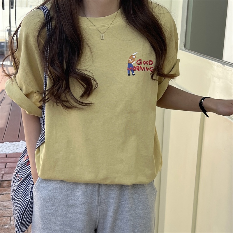 Áo thun XIAOZHAINV tay ngắn cổ tròn dáng rộng in họa tiết thời trang mùa hè cho nữ