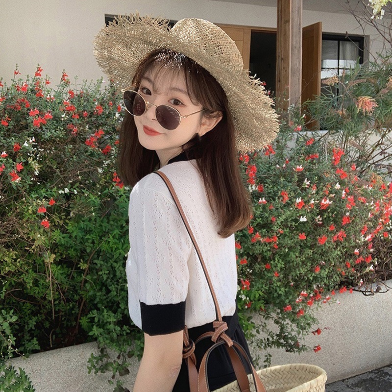 Brroa Áo Sweater Dệt Kim Tay Ngắn Phồng Màu Trơn Viền Gân Khoét Rỗng Mùa Hè Cho Nữ Lig