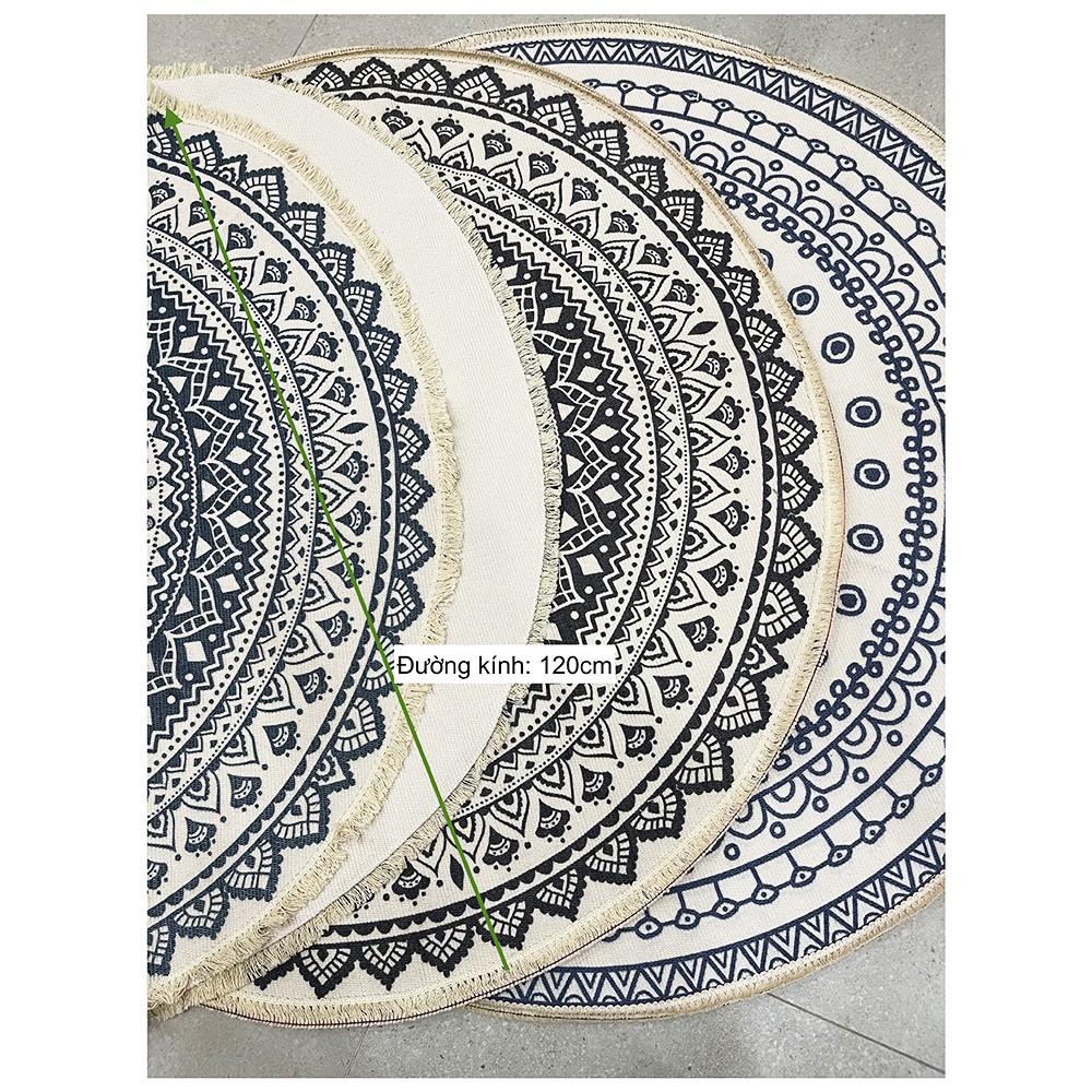 Thảm tròn tua rua đk 120cm chất cotton in hoa văn phong cách Vintage