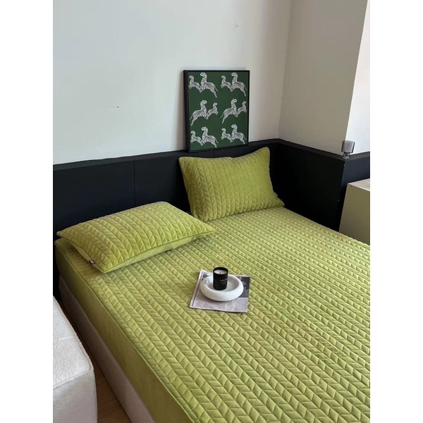 Bộ Ga Gối Nhung Sữa Lót Bông Chần Dày Trơn Màu,Set Ga Vỏ Gối Lông Tuyết Siêu Cấp Chống Xô Lệch Size 1m6,1m8,2m2