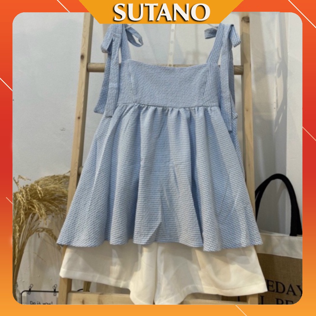 Bộ quần áo nữ set style Hàn Quốc SUTANO,Set áo babydoll hai dây thắt nơ kẻ xanh và quần short trắng cực xinh B405 | WebRaoVat - webraovat.net.vn
