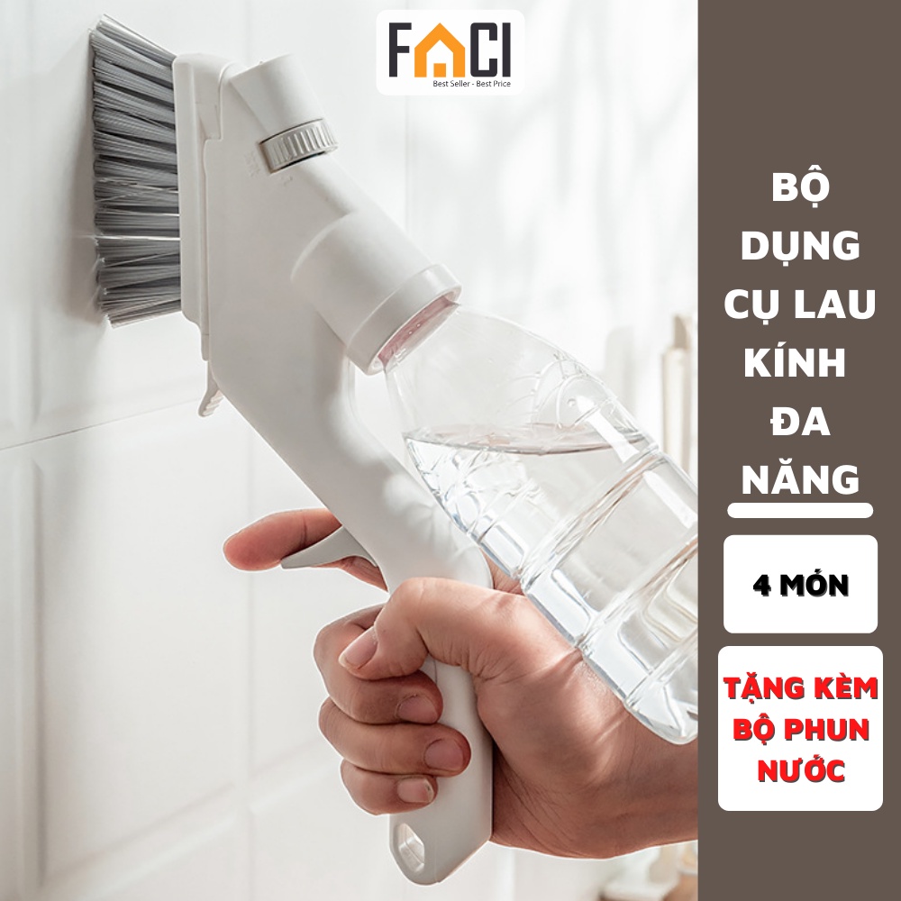 Bộ dụng cụ lau kính lau cửa sổ 4 món đa năng kèm bộ phun nước tiện lợi