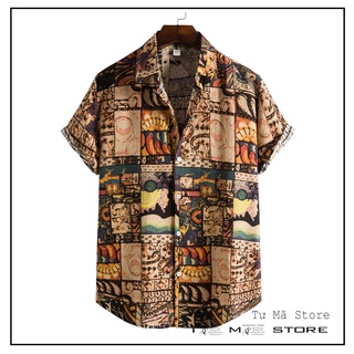 Áo sơ mi họa tiết nam 💝 FREESHIP 💝 ai cập BOHO, sơ mi ngắn tay thổ cẩm độc lạ, vải thoáng mát