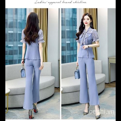 Bộ Đồ Công Sở Hai Mảnh Áo Sơ Mi Chiffon Quần Dài In Hoa Thời Trang Mùa Hè Cho Nữ 2021