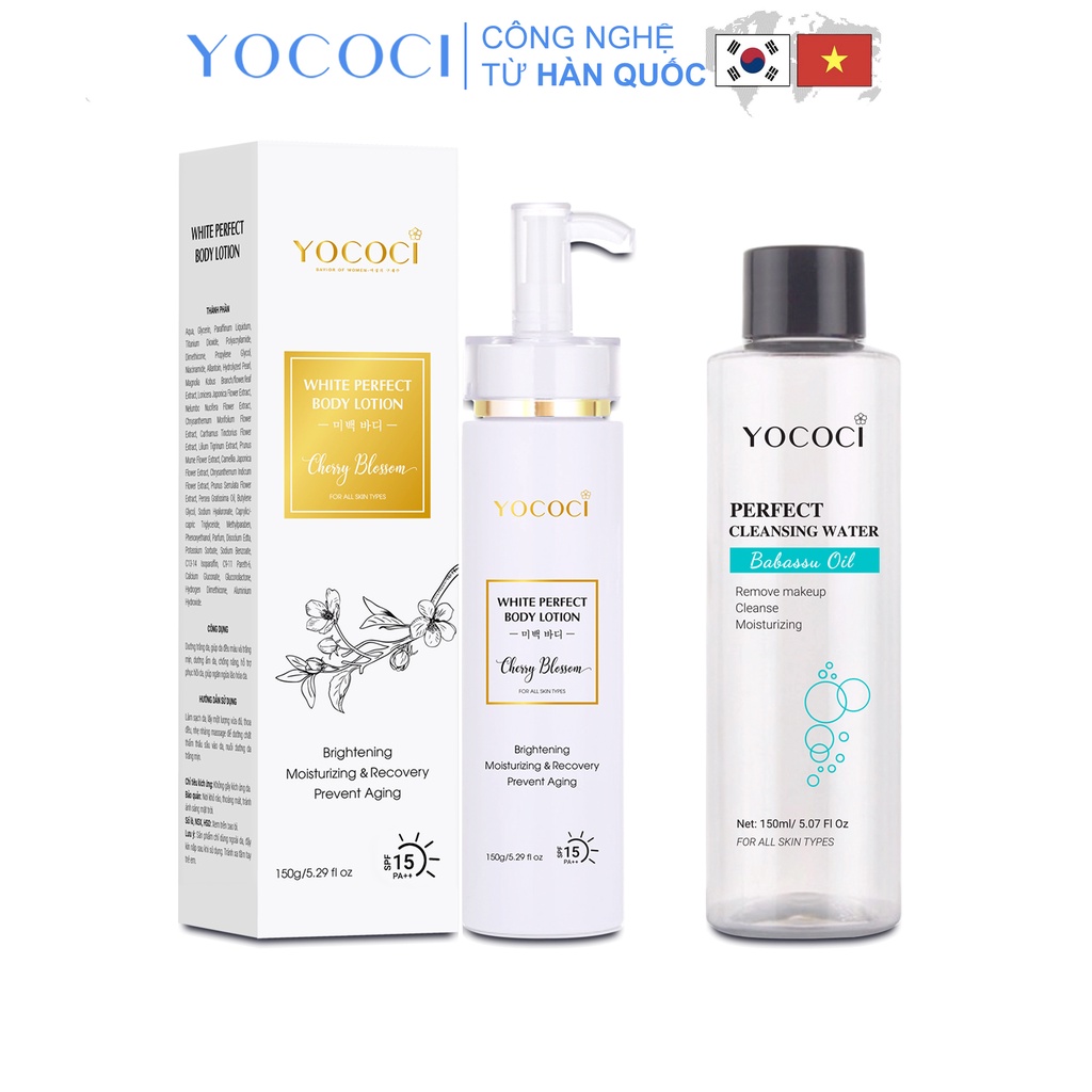 Combo làm sạch và dưỡng trắng da body mặt Yococi gồm 1 nước tẩy trang 150ml & 1 kem body 150ml