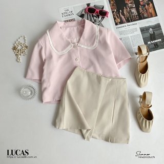 Áo sơ mi hồng cổ sen viền trắng tay cộc dáng croptop lửng