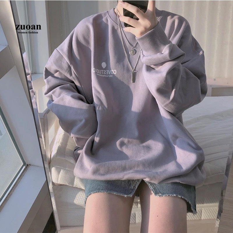 Áo Sweater Tay Dài Cổ Tròn Dáng Rộng Họa Tiết Chữ In Cho Phái Nữ