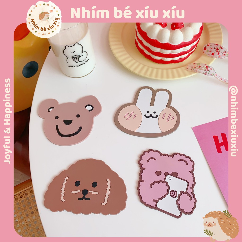 Tấm lót li chống thấm nước - lót cốc hình gấu cún thỏ siêu cute VT140