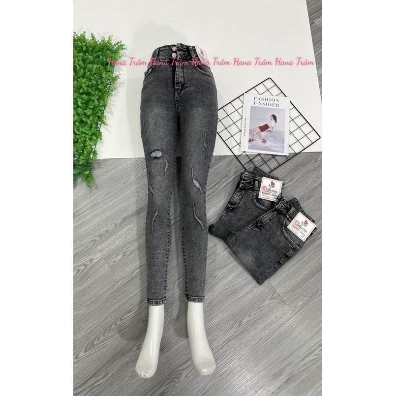 [35-65kg] Quần jean dài nữ lưng cao 2 nút mẫu rách cào màu xám