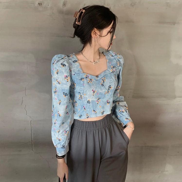 Áo Kiểu Cổ Vuông In Họa Tiết Phong Cách Retro Cho Nữ  tao bao