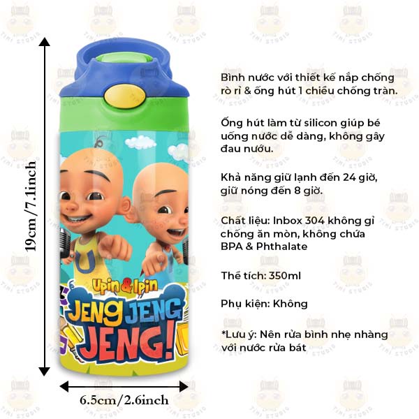 Bình Uống Nước Giữ Nhiệt Cho Bé Có Ống Hút Hình Upin &amp; Ipin - Tỉ Mỉ Studio