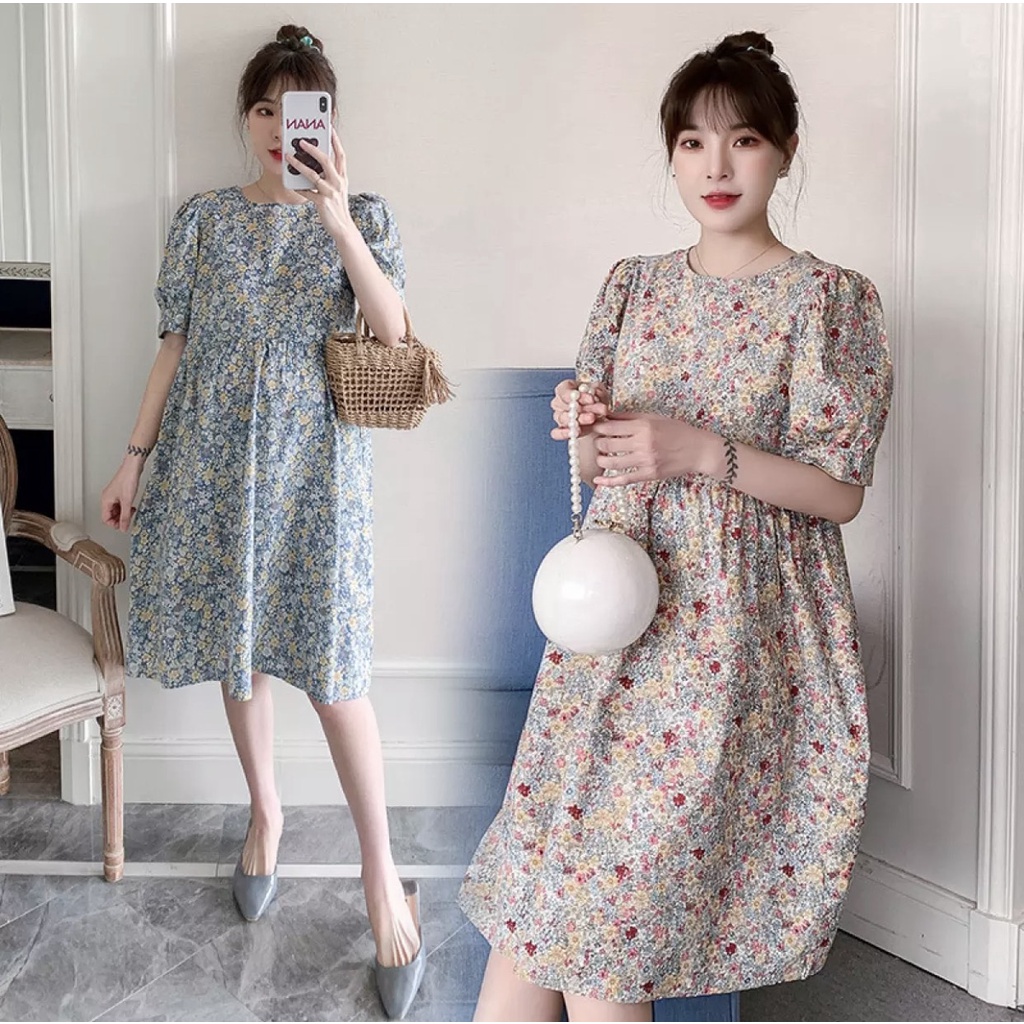 Đầm-váy babydoll thô hoa nhí ulzzang/ Váy hoa nhí cổ tròn dáng babydoll trắng, xanh