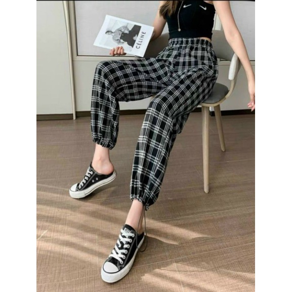 Siêu dài quần Caro Ống Rộng unisex dây chun ống mặc được 2 kiểu