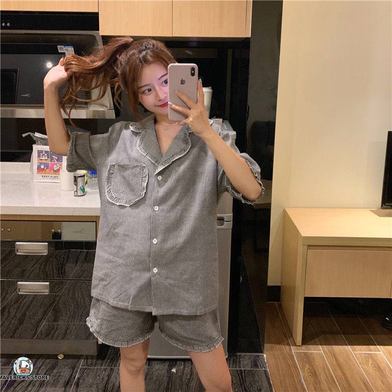 Set đồ ngủ ngắn tay họa tiết sọc caro phong cách Hàn Quốc hợp thời trang cho nữ
