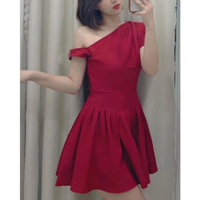 Đầm lệch vai xếp ly eo ( có bigsize )