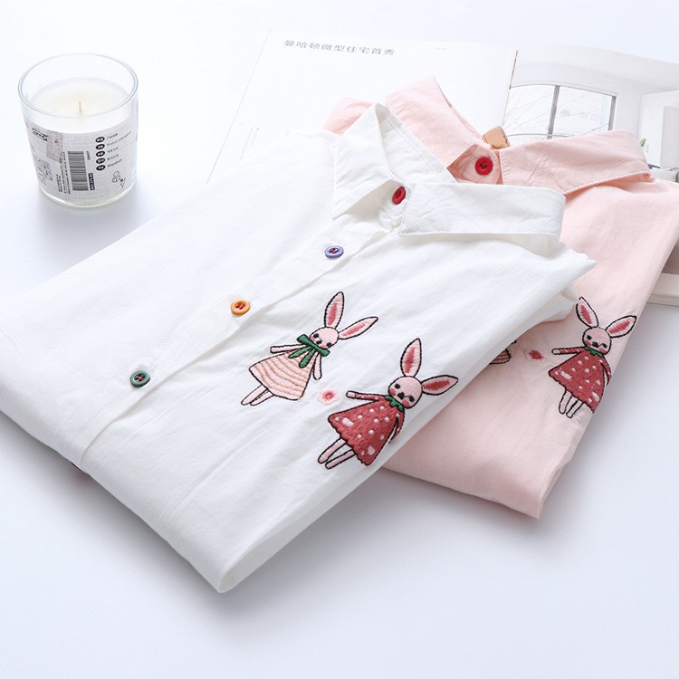 Áo SOMI Trắng  kate Thêu thỏ cute DÀI TAY nữ maicuteshop